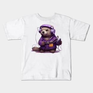 Kawaii otter listen music on the Purple tape cassette with cute face in cartoon style Kids T-Shirt